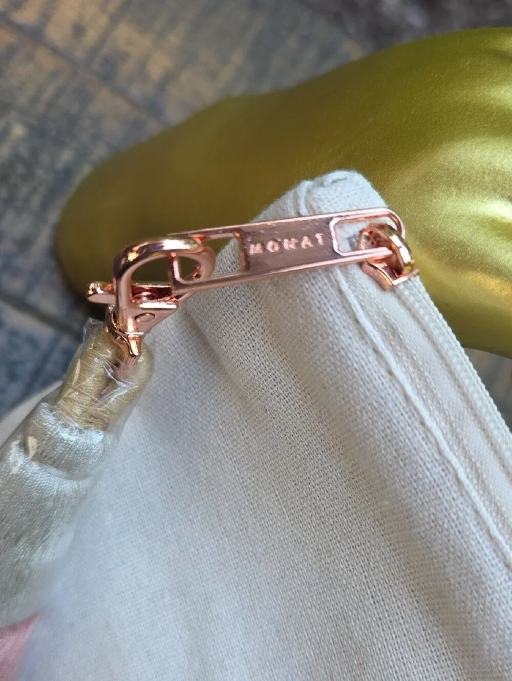 Monat Embroidered Natural Canvas Cosmetic Pouch Tassel Bag Charm Rose Gold Cream